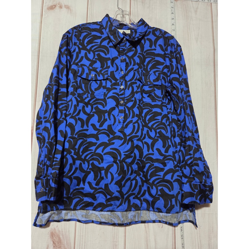 Ladies XL Adjustable Long Sleeve Popover Shirt, Tunic Top, Blue Black Pattern